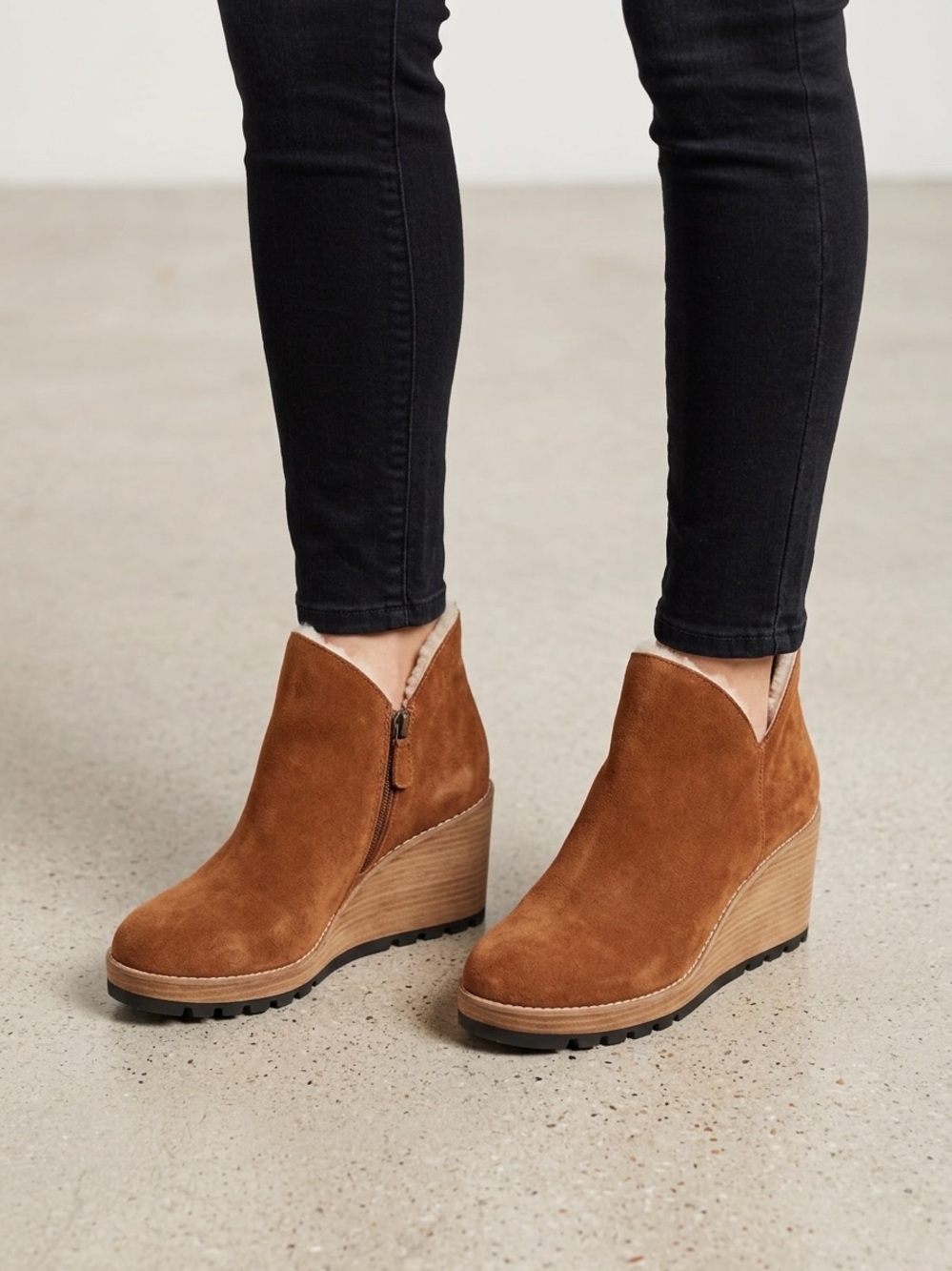 Eileen Fisher Cognac Suede Wedge Ankle Boots